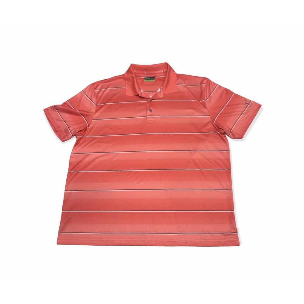 PGA Tour Golf Shirt Mens XXL Polo Stripes Short Sleeve Stretch Coral Blue White